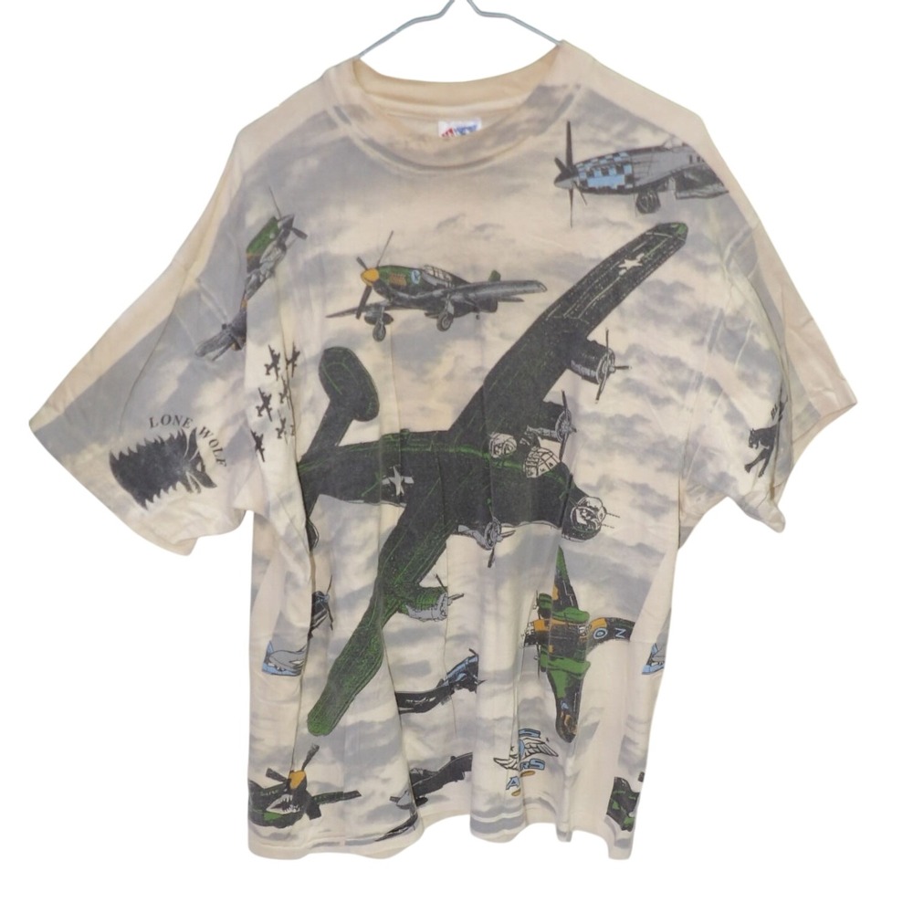 Vintage Hanes Beefy-T WWII Military Aircraft All Over Print T-Shirt Cream XL